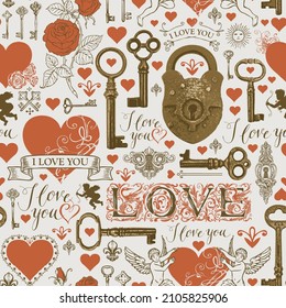 Seamless pattern on a love theme with initial letters, red hearts, bronze vintage keys, old padlock, angels. Vector background in retro style for valentine greeting. Wallpaper, wrapping paper, fabric