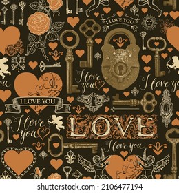 Seamless pattern on a love theme with beautiful letters, hearts, bronze keys, an old padlock, angels, roses. Black retro-style vector background, wallpaper, wrapping paper or fabric for Valentines Day
