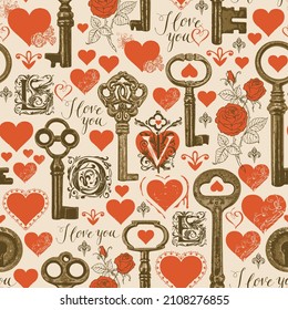 Seamless pattern on the love theme with initial letters L O V E, red hearts and bronze vintage keys. Vector background in retro style for valentine greeting. Wallpaper, wrapping paper, fabric design