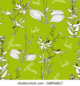 Seamless pattern on a lush green background of wild grass and flowers