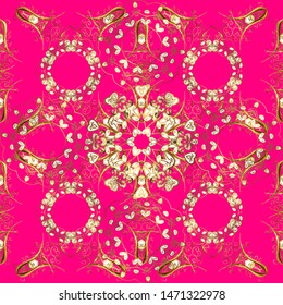 Seamless pattern on magenta and brown colors with golden elements. Classic vintage background. Vector illustration. Seamless classic vector golden pattern. Traditional orient ornament.