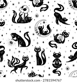 Seamless pattern on magic mystic cats, witchcraft. Mystic cat repeated details vector background, magic animal print. Esoteric pet textile backdrop or celestial kitty seamless pattern with stars