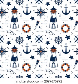 Seamless pattern on marine concept. Vector pattern in doodle style with lighthouse anchor spyglass steering wheel with starfish compass nautical knot and lifebuoy on white background