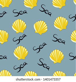 Seamless pattern on the marine theme, the pattern with shells and the inscription "sea".
