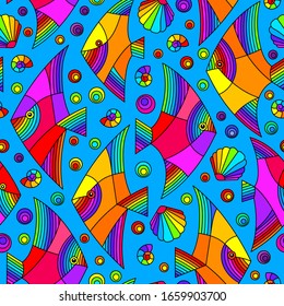 Seamless pattern on a marine theme with bright rainbow fish and shells, bright fish on a blue background