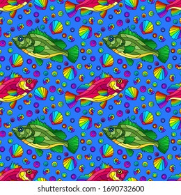 Seamless pattern on a marine theme with bright rainbow fish and shells, bright fish on a blue background