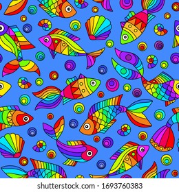 Seamless pattern on a marine theme with bright rainbow fish and shells, bright fish on a blue background