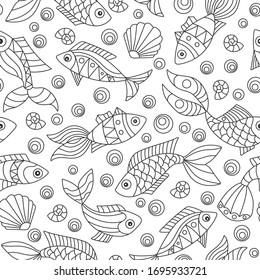 Seamless pattern on a marine theme with fish and shells, dark contour fishes on a white background