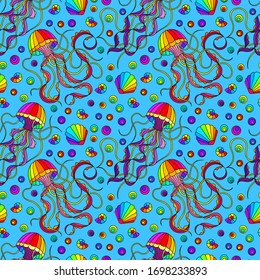 Seamless pattern on a marine theme with bright rainbow jellyfishes and shells, bright fish on a dark background