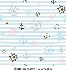 Seamless pattern on a marine theme. Striped background with I anchors and steering wheels.  Vector.