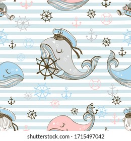 Seamless pattern on a marine theme. Striped background with whales. Vector.