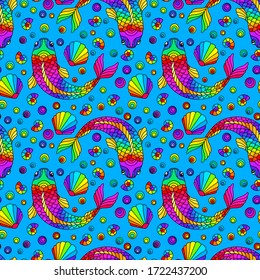 Seamless pattern on a marine theme with bright rainbow fish and shells, bright fish on a blue background