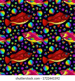 Seamless pattern on a marine theme with bright rainbow fish and shells, bright fish on a dark background