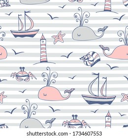Seamless pattern on a marine theme striped background gray. Vector.