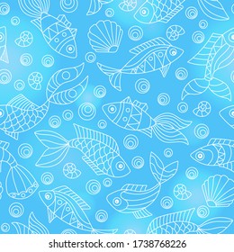 Seamless pattern on a marine theme with fish and shells, light contour fishes on a blue background
