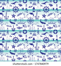 Seamless pattern on the marine theme. Isolated elements on a light background: sailboats, anchors, seagulls, whales, sea knots, lighthouses, steering wheel. Vector graphics.