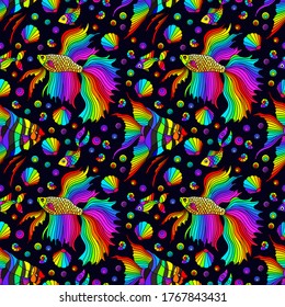 Seamless pattern on a marine theme with bright rainbow fish and shells, bright fish on a dark background
