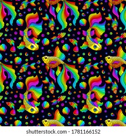 Seamless pattern on a marine theme with bright rainbow fish and shells, bright fish on a dark background