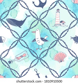 Seamless pattern on a marine theme with sea ropes whales and gulls in a cute Doodle style with watercolors. Vector.