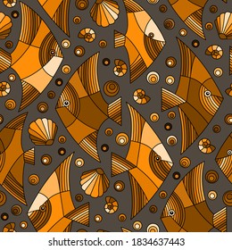 Seamless pattern on a marine theme with a geometric fishes and shells,tone brown, sepia