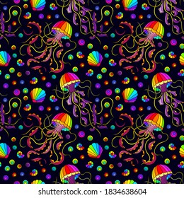 Seamless pattern on a marine theme with bright rainbow jellyfishes and shells, bright fish on a dark background