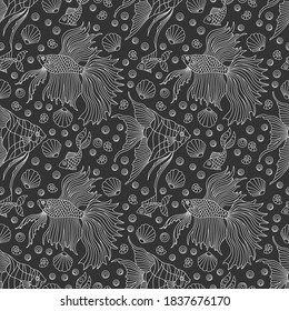 Seamless pattern on a marine theme with fish and shells, light contour fishes on a dark background