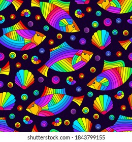 Seamless pattern on a marine theme with bright rainbow fish and shells, bright fish on a dark background