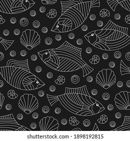 Seamless pattern on a marine theme with  fish and shells, light contour fishes on a dark background