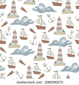 Seamless pattern on the marine theme for boys. Vector children's illustration in cartoon style. Ideal for children's textiles, wallpaper in the room.