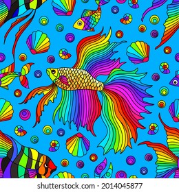 Seamless pattern on a marine theme with bright rainbow fish and shells, bright fish on a blue background