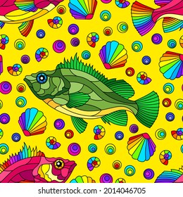 Seamless pattern on a marine theme with bright rainbow fish and shells, bright fish on a yellow background
