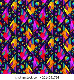 Seamless pattern on a marine theme with bright rainbow fish and shells, bright fish on a blue background