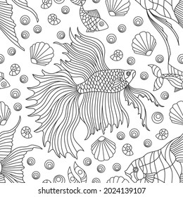 Seamless pattern on a marine theme with dark contour fish and shells, outline fish on a blue background
