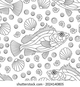 Seamless pattern on a marine theme with dark contour fish and shells, outline fish on a white background
