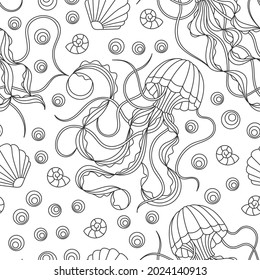Seamless pattern on a marine theme with dark contour jellyfishes and shells,  outline fishes on a white background