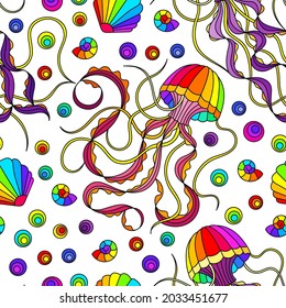 Seamless pattern on a marine theme with bright rainbow jellyfishes and shells, bright fish on a white background
