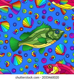 Seamless pattern on a marine theme with bright rainbow fish and shells, bright fish on a white  background