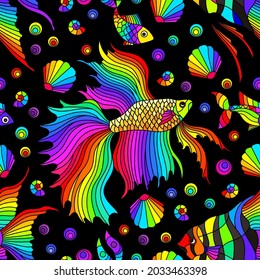 Seamless pattern on a marine theme with bright rainbow fish and shells, bright fish on a black background