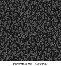 Seamless pattern on a marine theme with light contour fishes and shells, outline fishes on a black background
