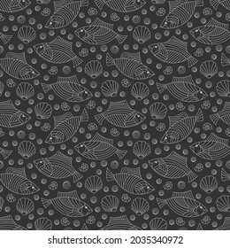 Seamless pattern on a marine theme with light contour fishes and shells, outline fish on a white background