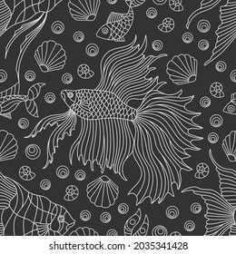 Seamless pattern on a marine theme with light contour fish and shells, outline fish on a dark background