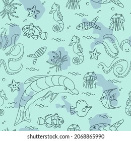 Seamless pattern on the marine theme. Underwater inhabitants. Fish, dolphin, octopus, crab, seahorse, jellyfish. Linear drawing. Blue background with ocean animals. Vector illustration. Outline doodle
