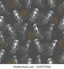Seamless pattern on a marine theme with bright rainbow jellyfishes and shells, bright fish on a dark background  Seamless marine background with orange, pink, blue and green jellyfish.