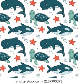 Seamless pattern the marine theme  Killer whale  sea turtle  starfish   sperm whale  Wallpaper and animals  Vector illustration for printing fabric 