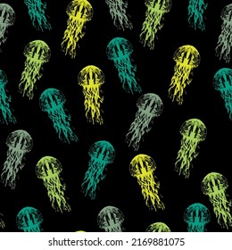 Seamless pattern on a marine theme with bright rainbow jellyfishes and shells,.  Night galaxy mix with watercolor jelly fishes in bright style vivid blue purple violet isolated on dark background