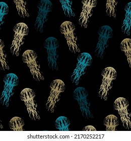 Seamless pattern on a marine theme with bright rainbow jellyfishes and shells,. For decoration of textiles, packaging, wallpaper.