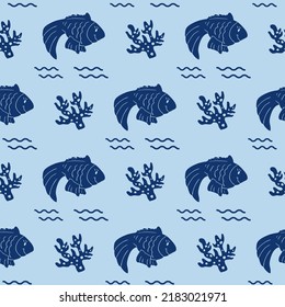 Seamless pattern on the marine theme. Fish and coral