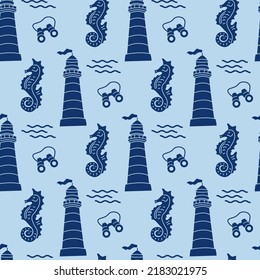 Seamless pattern on the marine theme. Lighthouse, binoculars