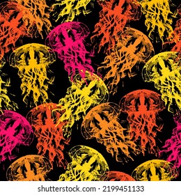 Seamless pattern on a marine theme with bright rainbow jellyfishes and shells, bright fish on a dark background  Sea collection.