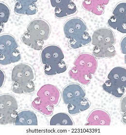 Seamless pattern on a marine theme with bright rainbow jellyfishes and shells, bright fish on a dark background